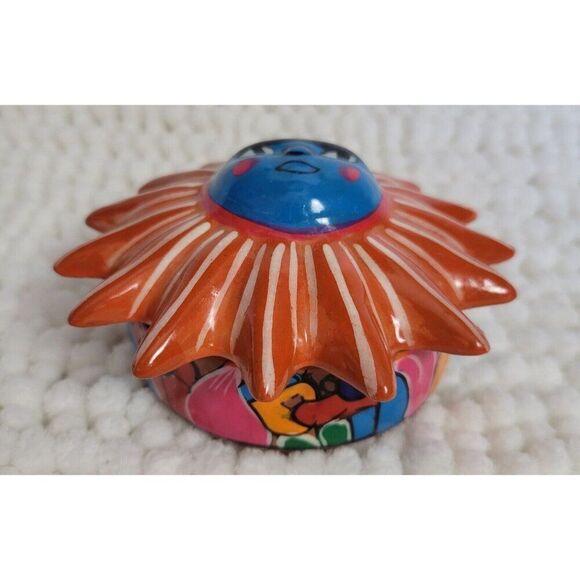 Mexican Red Clay Pottery SUN dish lid hand painted trinket box jewelry Folk Art - Picture 2 of 8
